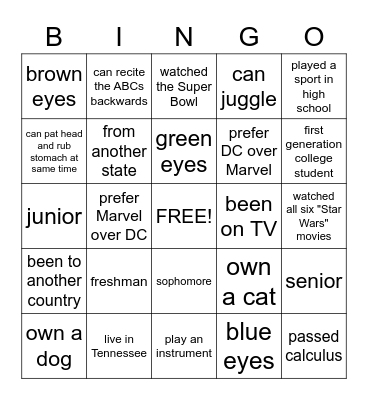 Getting to know you Bingo Card