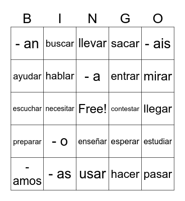 Spanish Words Bingo Card