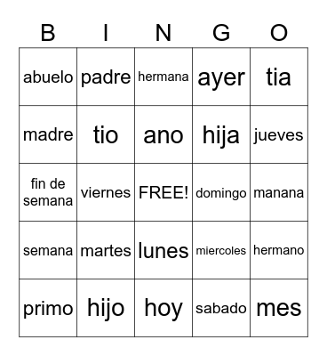 Spanish Words Bingo Card