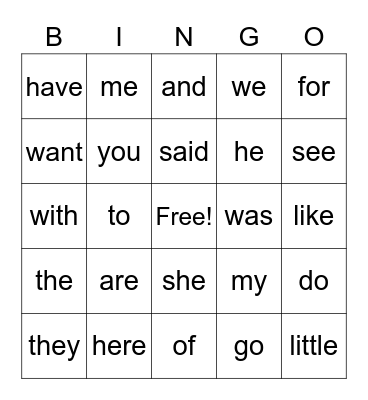 Sight Words Bingo Card
