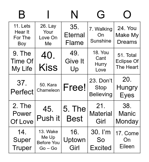 80s Bingo Card