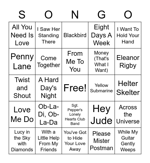 The Beatles Bingo Card