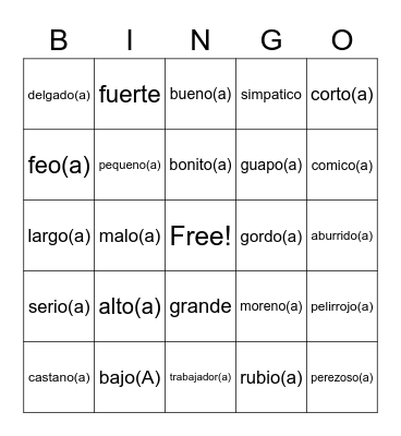 Spanish Words Bingo Card