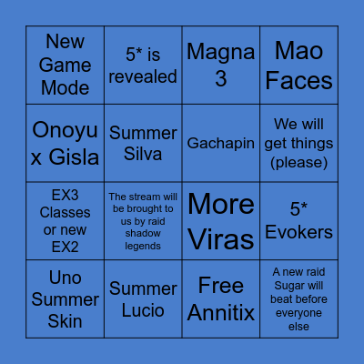 Summer 2020 Stream Bingo Card