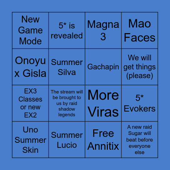 Summer 2020 Stream Bingo Card