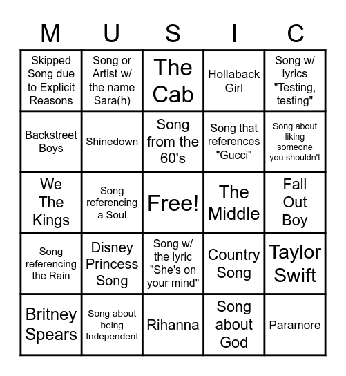 Belt it Out Songs Bingo Card