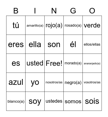 Spanish Words Bingo Card