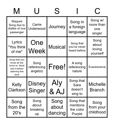 Belt it Out Songs 2 Bingo Card