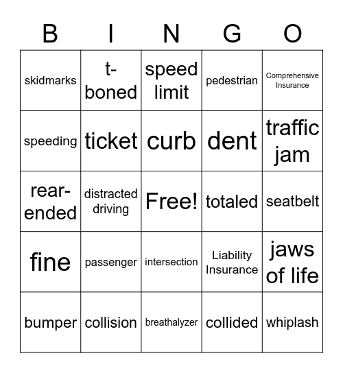 Car Accident Vocabulary Bingo Card