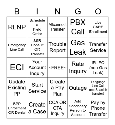 Customer Service Bingo Card