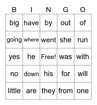 Sight Words Bingo Card