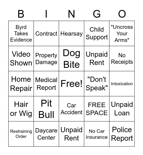 JUDGE JUDY BINGO Card