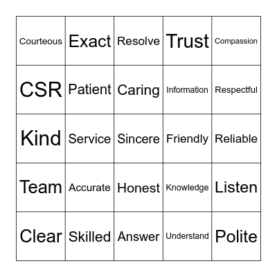 Customer Service Bingo Card