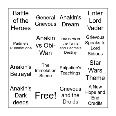 Revenge of the Sith Bingo Card