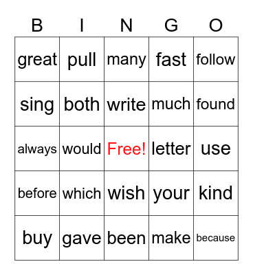 2nd Grade Sight Words Bingo Card