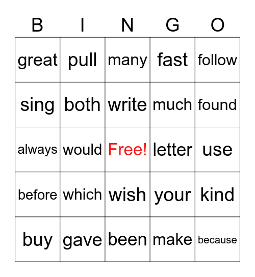 2nd Grade Sight Words Bingo Card