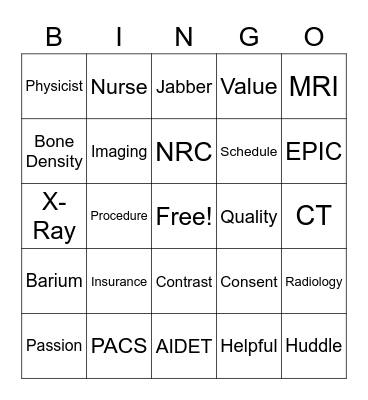 Radiology Tech Week 2018 Bingo Card