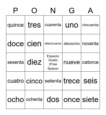 Spanish Numbers Bingo Card