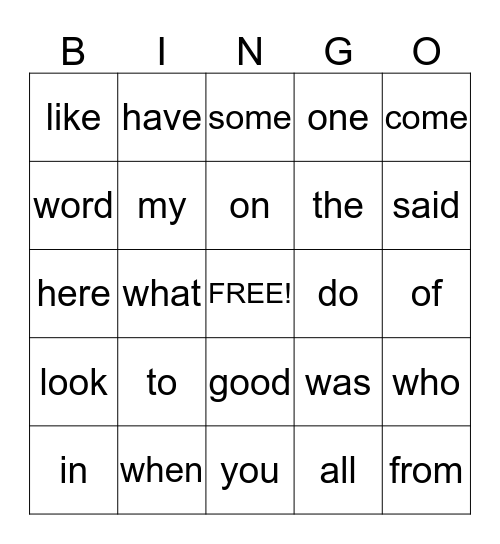 SIGHT WORD BINGO Card