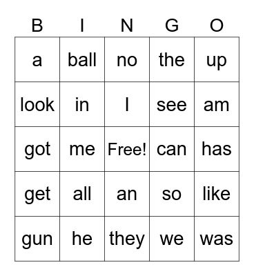 Sight Words Bingo Card