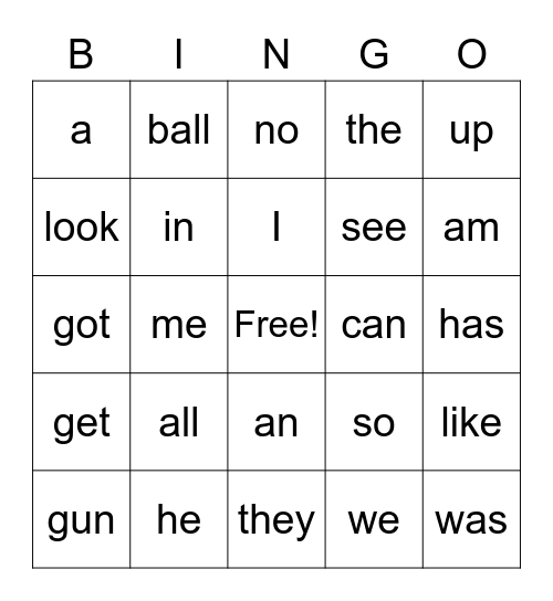 Sight Words Bingo Card