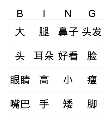 Parts of the body (Chinese) Bingo Card