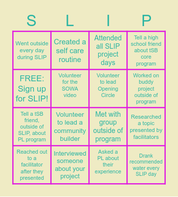 tSB Summer SLIP Square Bingo Card