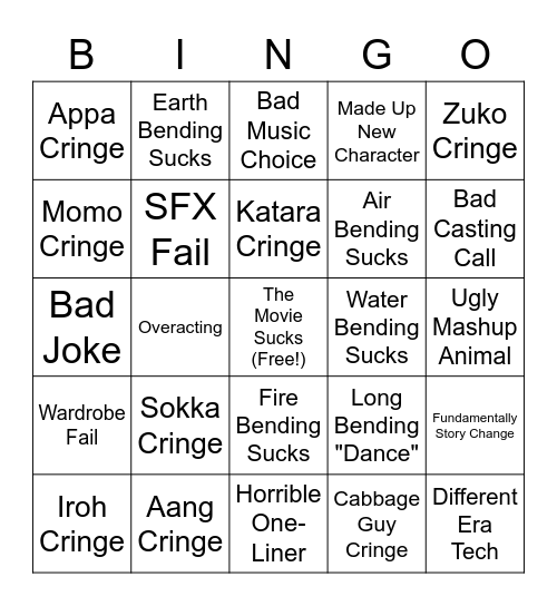 Live Action ATLA Bingo Card