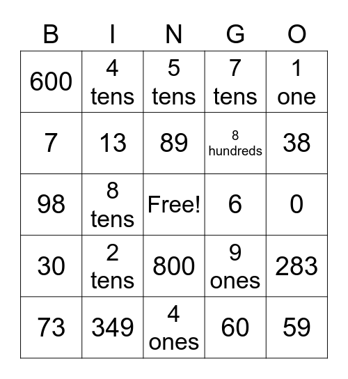 Place Value Bingo Card