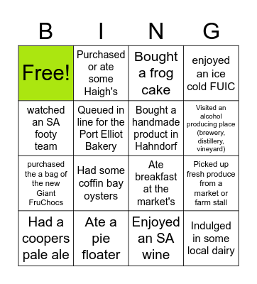 SA Food & Drink Bingo Card