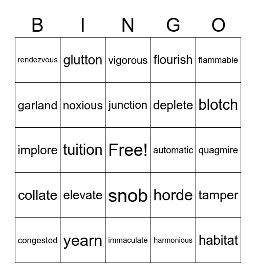 David's Vocabulary Bingo Card