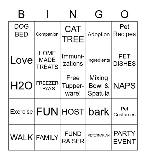 TUPPER "PETS" BINGO Card