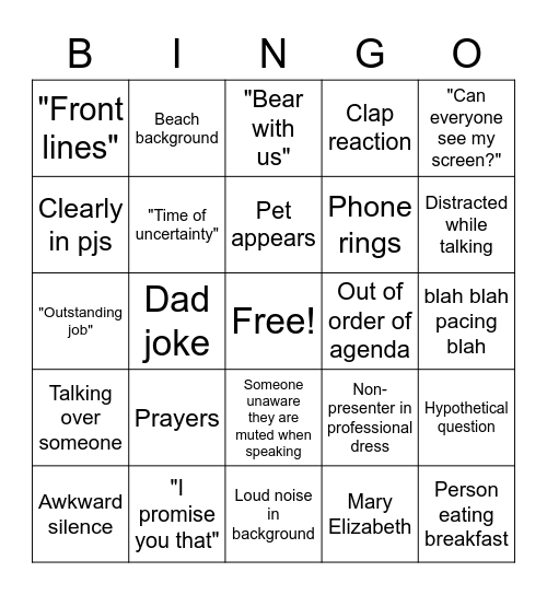 Preplanning Bingo Card