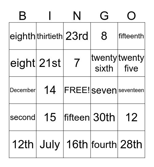 Dates Bingo Card