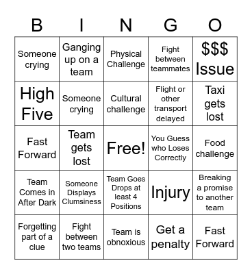 Amazing Race Bingo Card