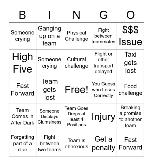 Amazing Race Bingo Card