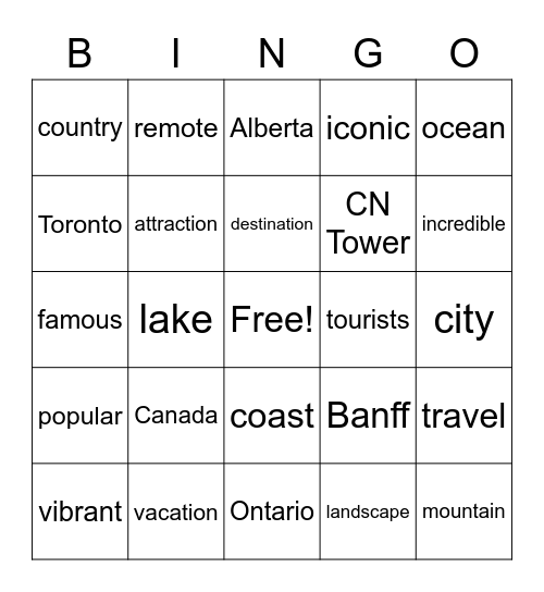 Tourism in Canada Bingo Card