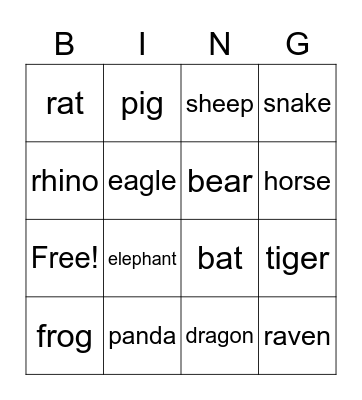 Dong4wu4 (animals) Bingo Card