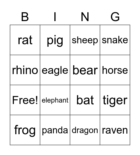 Dong4wu4 (animals) Bingo Card