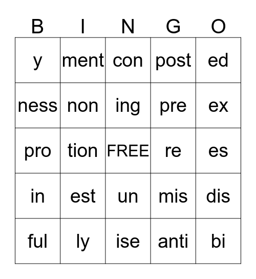 Suffixes/Prefixes Bingo Card