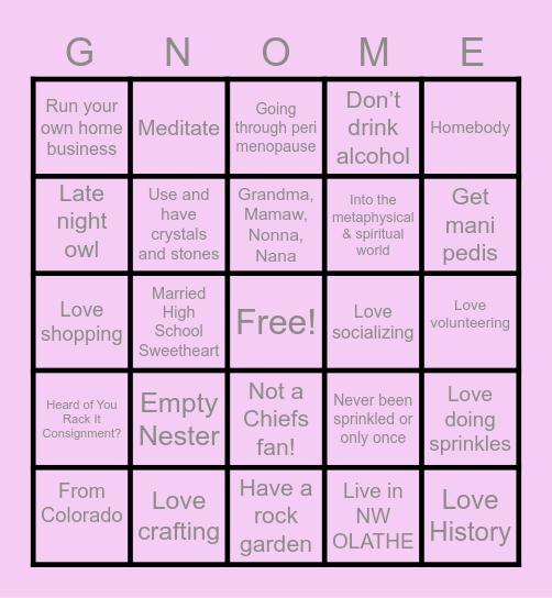 Late Night Gnomies Bingo Card