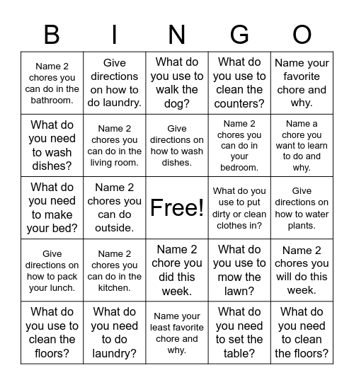 Chores Bingo Card