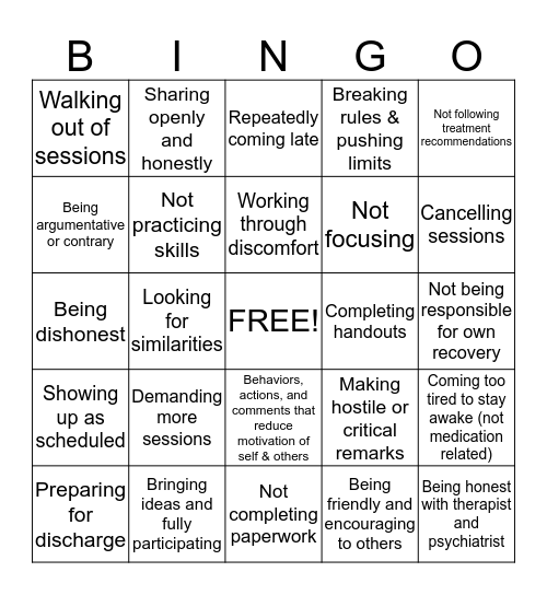 Therapy Helping or Hindering Bingo Card