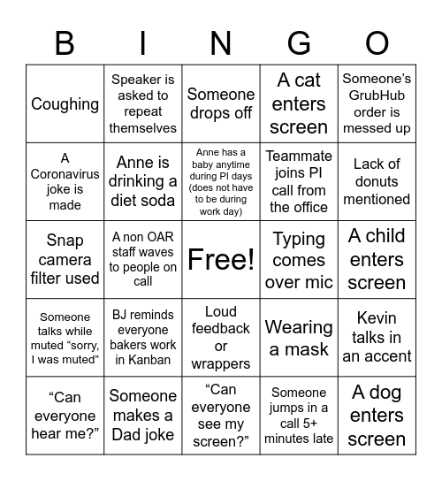 PI 7 planning bingo Card