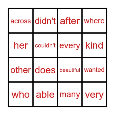 Sight Words Bingo Card