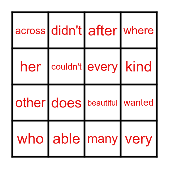 Sight Words Bingo Card