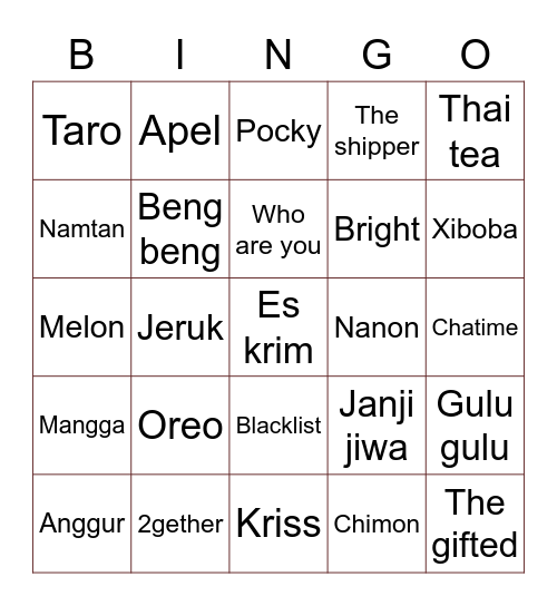 Namtaan Bingo Card
