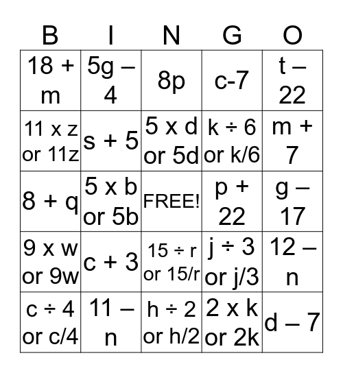 Algebraic Expressions Bingo Card