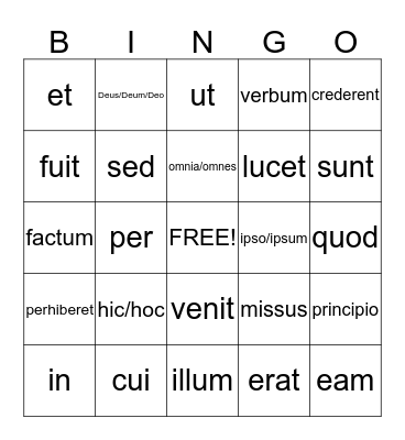 Latin Vocabulary Bingo Card