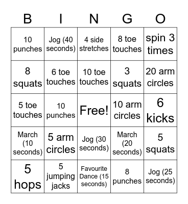 Fitness Bingo Card